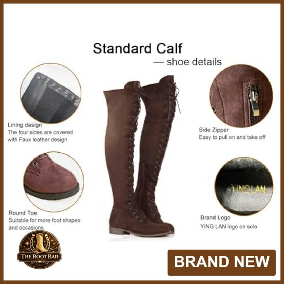 Women's Lace Up Over The Knee Boots Low Heel Combat Style Fall Winter - Picture 6 of 8